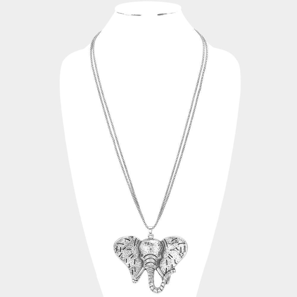 Silver Textured Metal Elephant Pendant Double Chain Metal Long Necklace - Jewelry Store by Erik Rayo