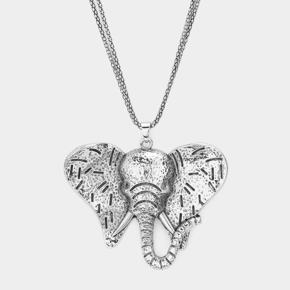 Silver Textured Metal Elephant Pendant Double Chain Metal Long Necklace - Jewelry Store by Erik Rayo