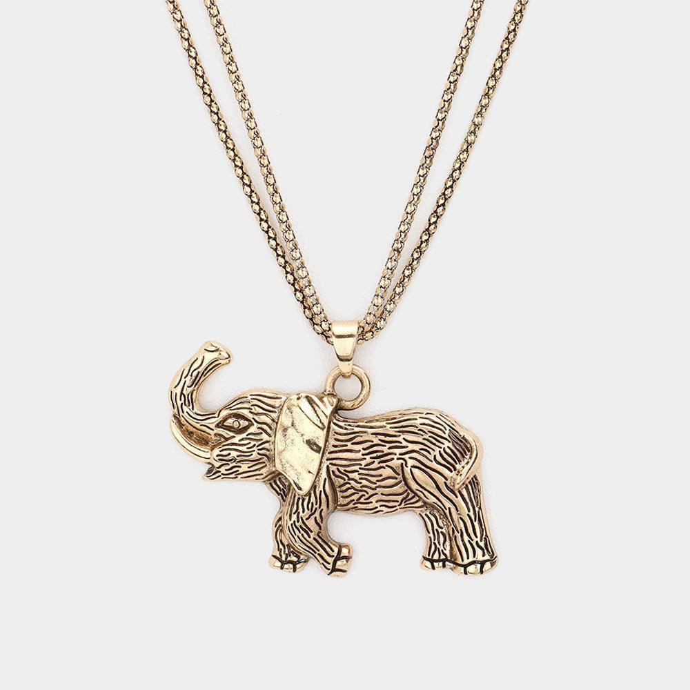 Gold Textured Metal Elephant Pendant Double Chain Metal Long Necklace - Jewelry Store by Erik Rayo