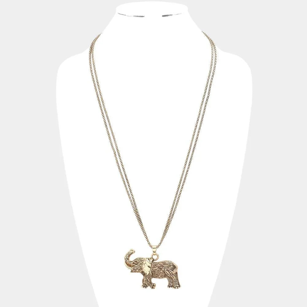 Gold Textured Metal Elephant Pendant Double Chain Metal Long Necklace - Jewelry Store by Erik Rayo
