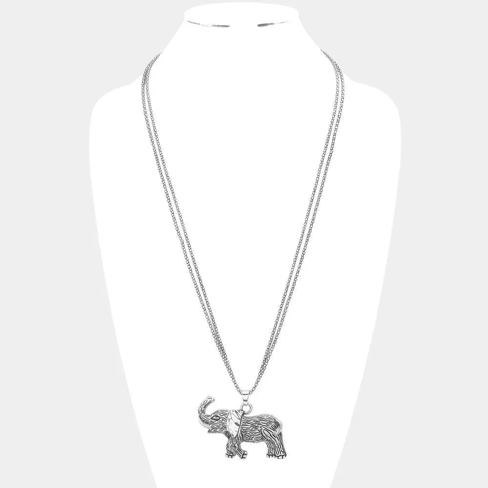 Silver Textured Metal Elephant Pendant Double Chain Metal Long Necklace - Jewelry Store by Erik Rayo