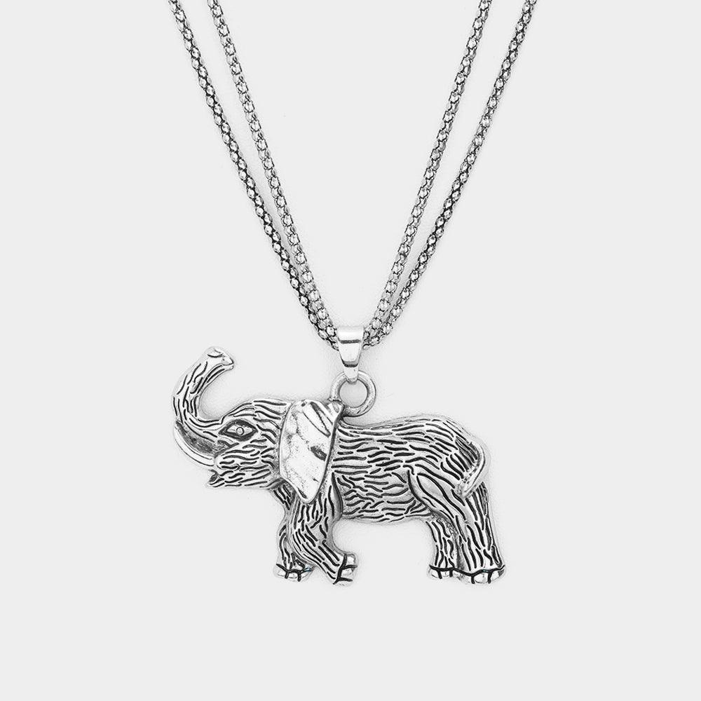 Silver Textured Metal Elephant Pendant Double Chain Metal Long Necklace - Jewelry Store by Erik Rayo