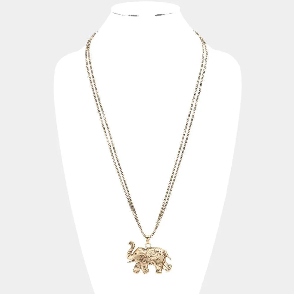 Gold Textured Metal Elephant Pendant Double Chain Metal Long Necklace - Jewelry Store by Erik Rayo