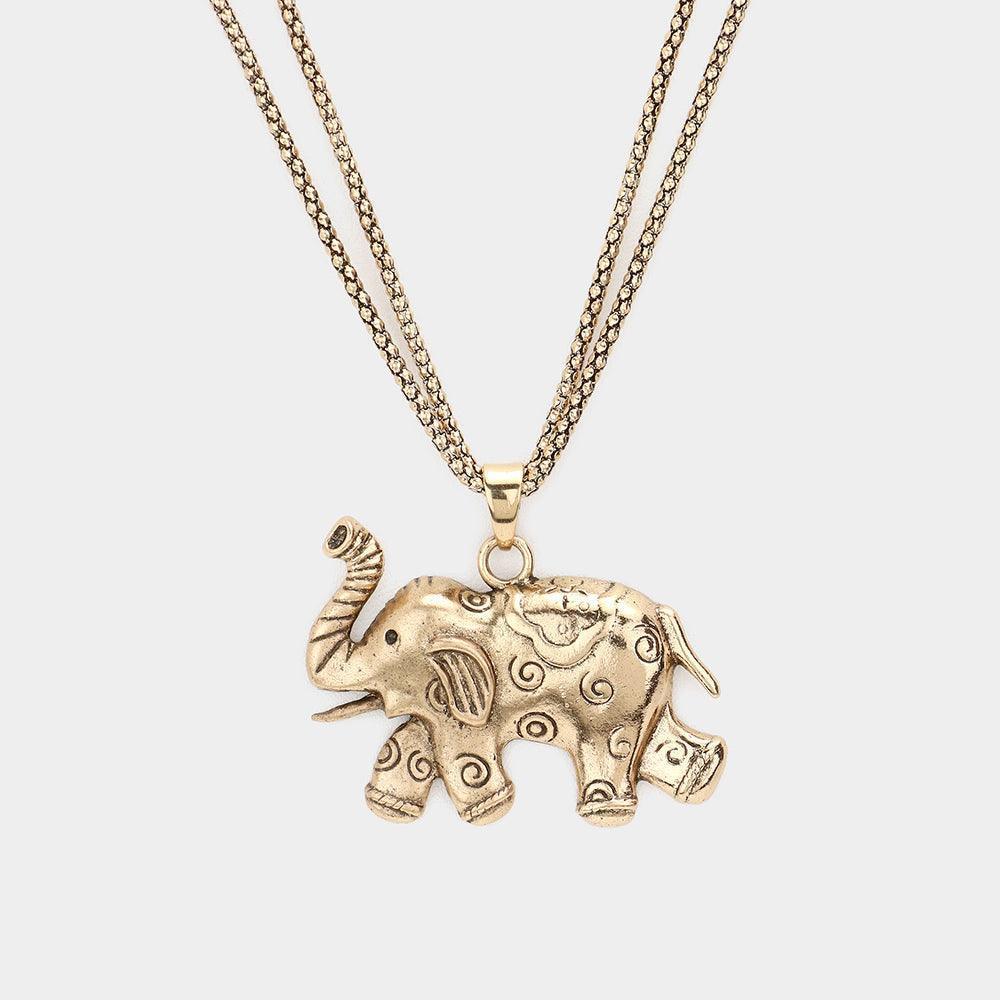 Gold Textured Metal Elephant Pendant Double Chain Metal Long Necklace - Jewelry Store by Erik Rayo