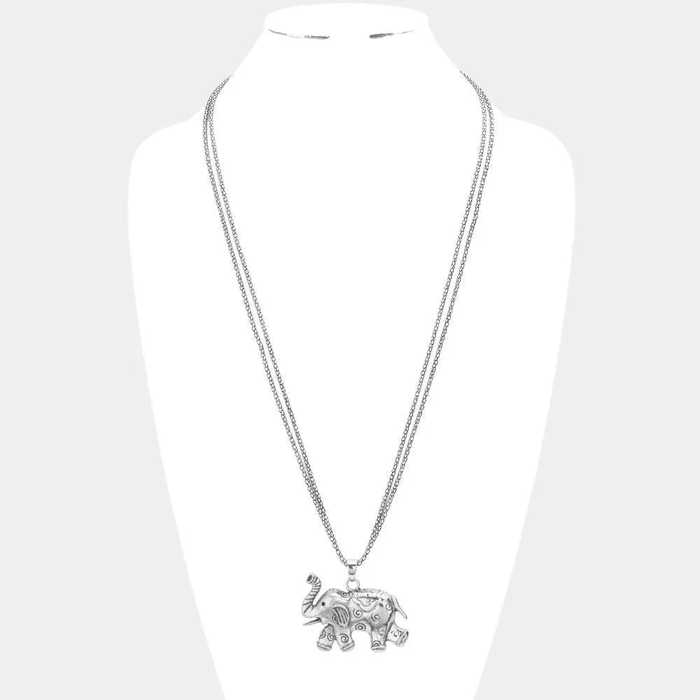 Silver Textured Metal Elephant Pendant Double Chain Metal Long Necklace - Jewelry Store by Erik Rayo