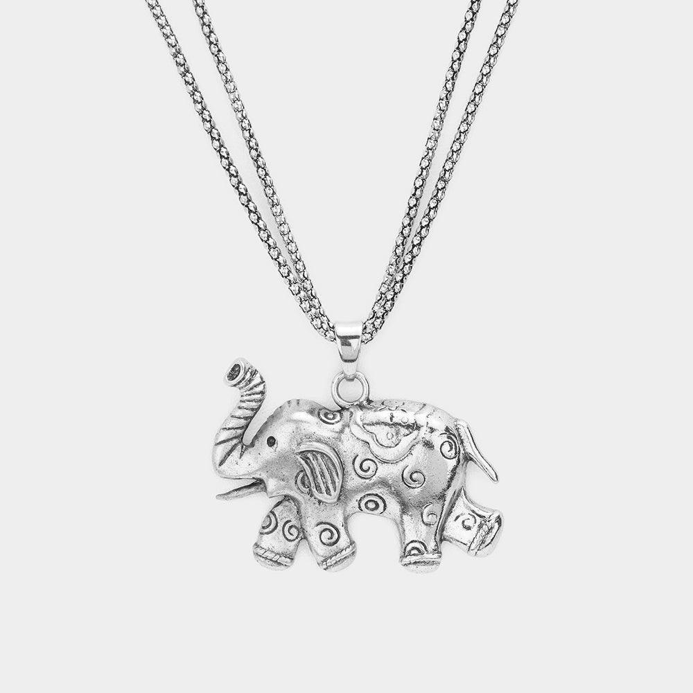 Silver Textured Metal Elephant Pendant Double Chain Metal Long Necklace - Jewelry Store by Erik Rayo