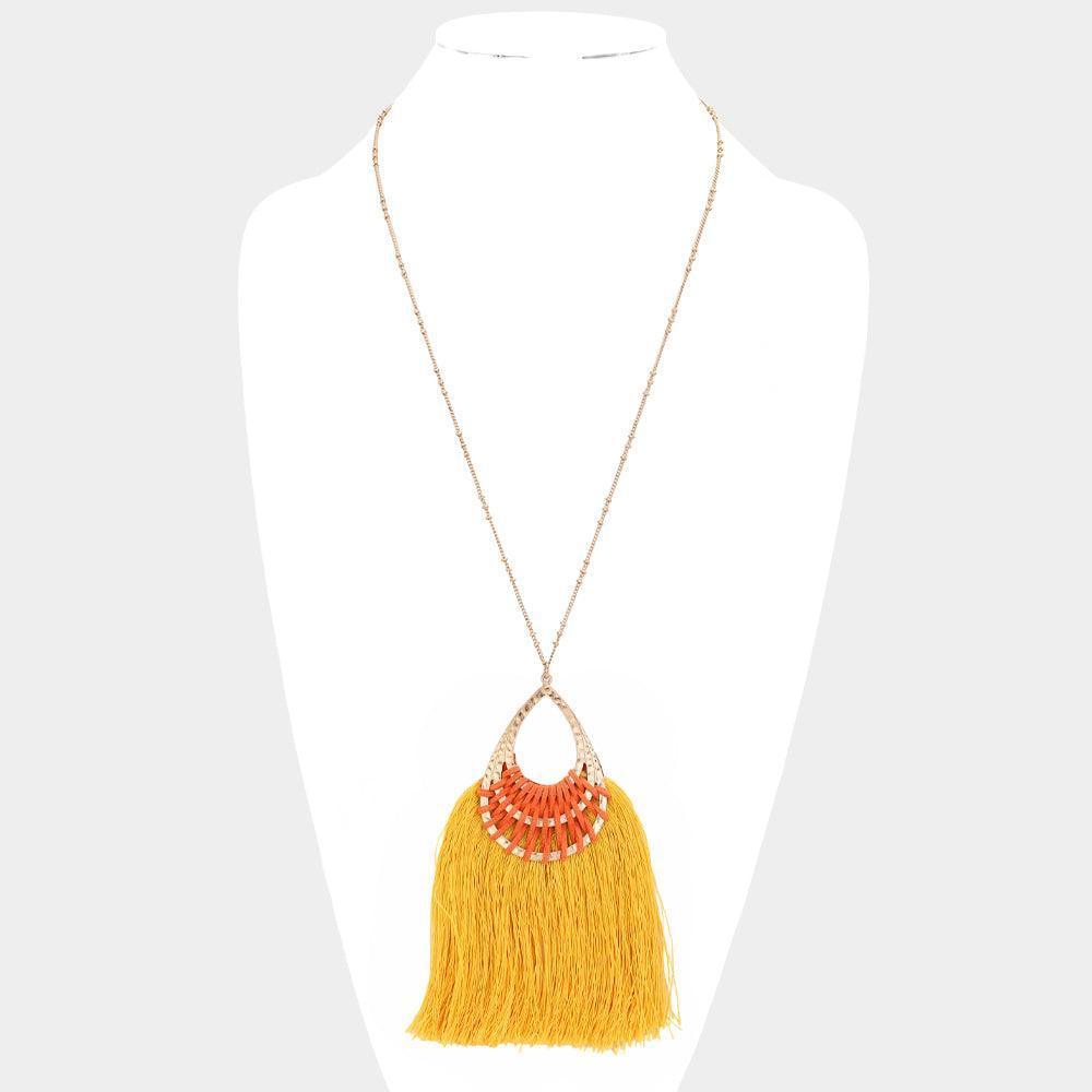 Gold Fan Tassel Hammered Teardrop Pendant Long Necklace - Jewelry Store by Erik Rayo