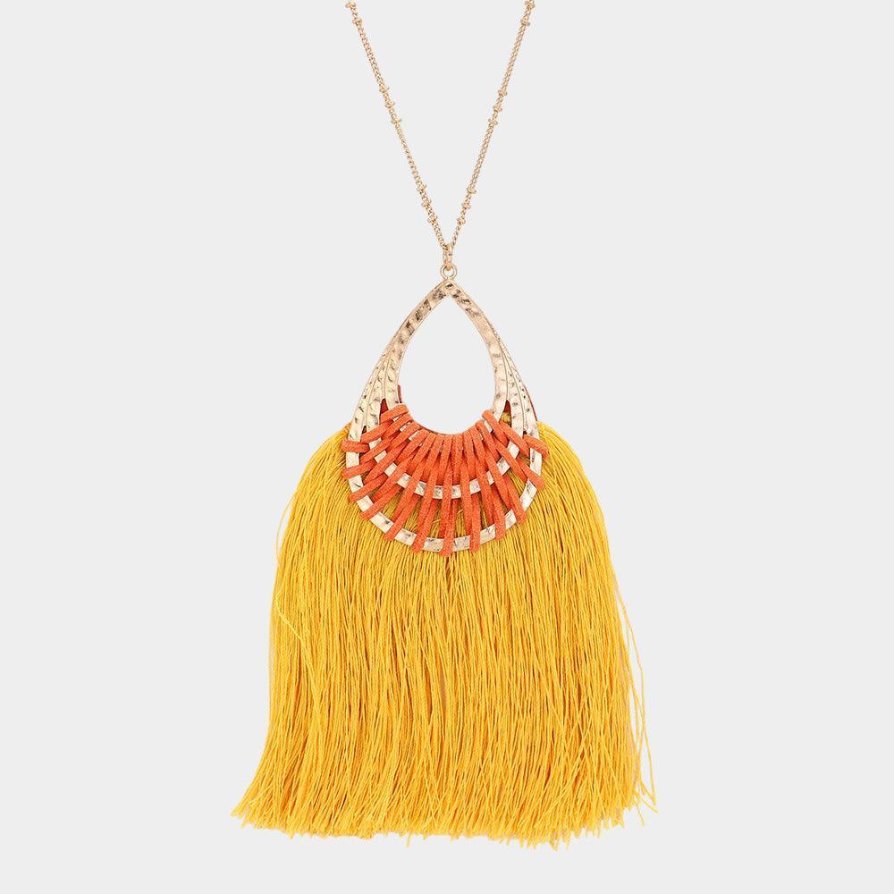 Gold Fan Tassel Hammered Teardrop Pendant Long Necklace - Jewelry Store by Erik Rayo