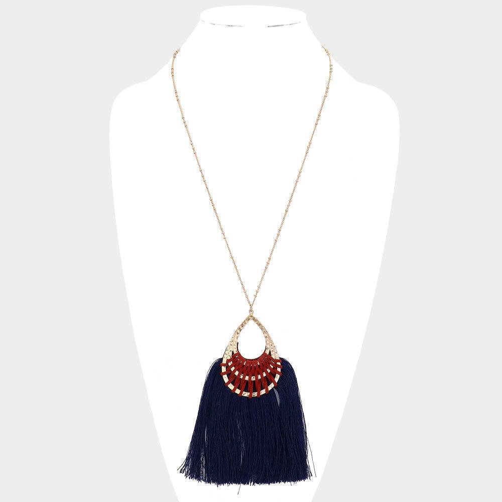 Gold Fan Tassel Hammered Teardrop Pendant Long Necklace - Jewelry Store by Erik Rayo