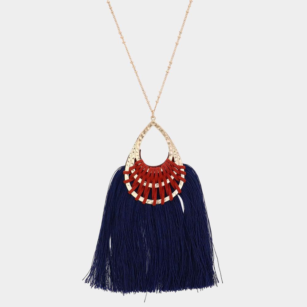 Gold Fan Tassel Hammered Teardrop Pendant Long Necklace - Jewelry Store by Erik Rayo