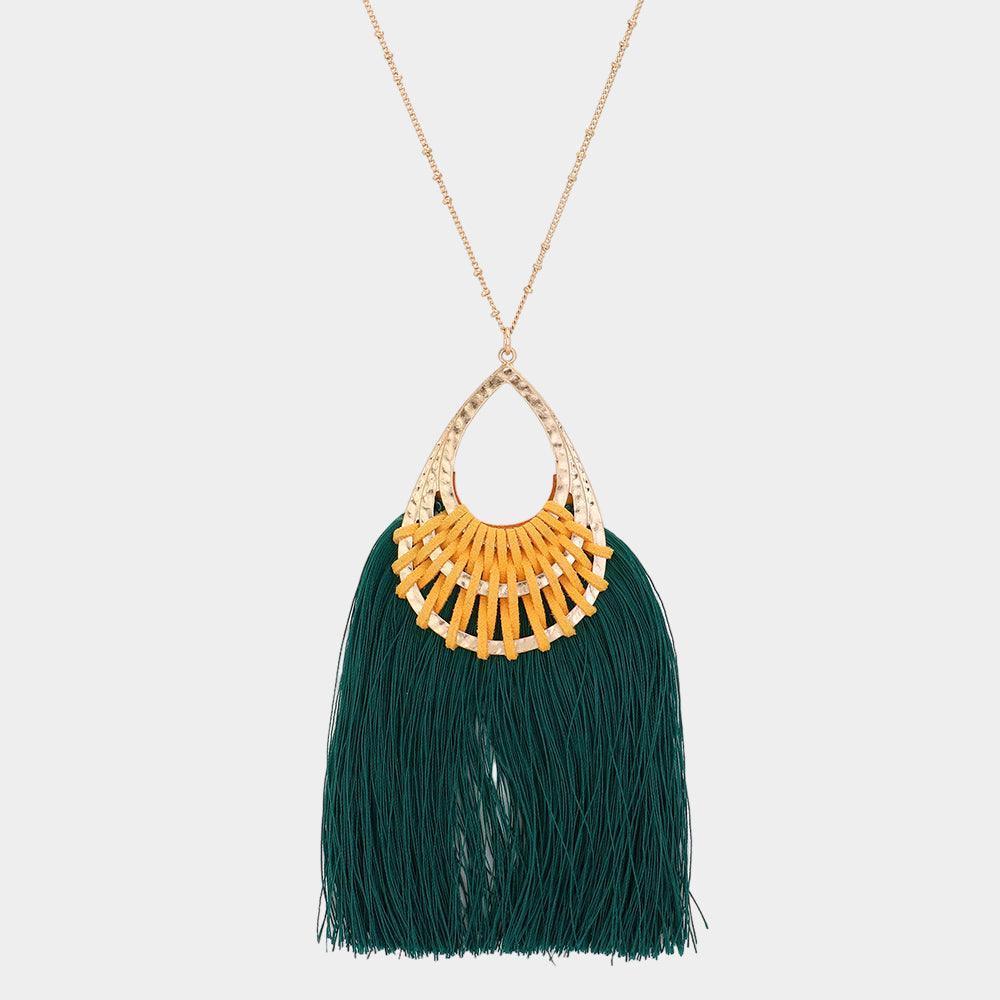 Fan Tassel Hammered Teardrop Pendant Long Necklace - Jewelry Store by Erik Rayo