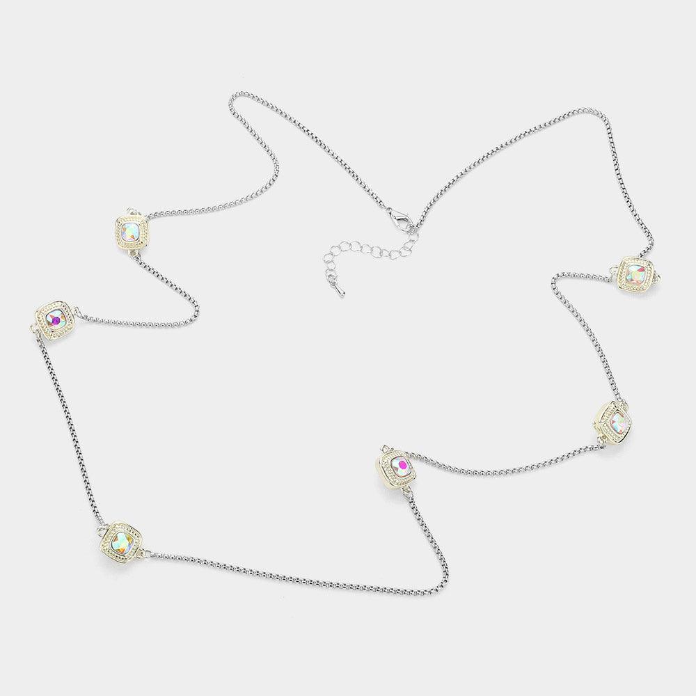 Gold 14K Gold Plated Two Tone Stone Paved Square Pendant Station Long Necklace - Jewelry Store by Erik Rayo