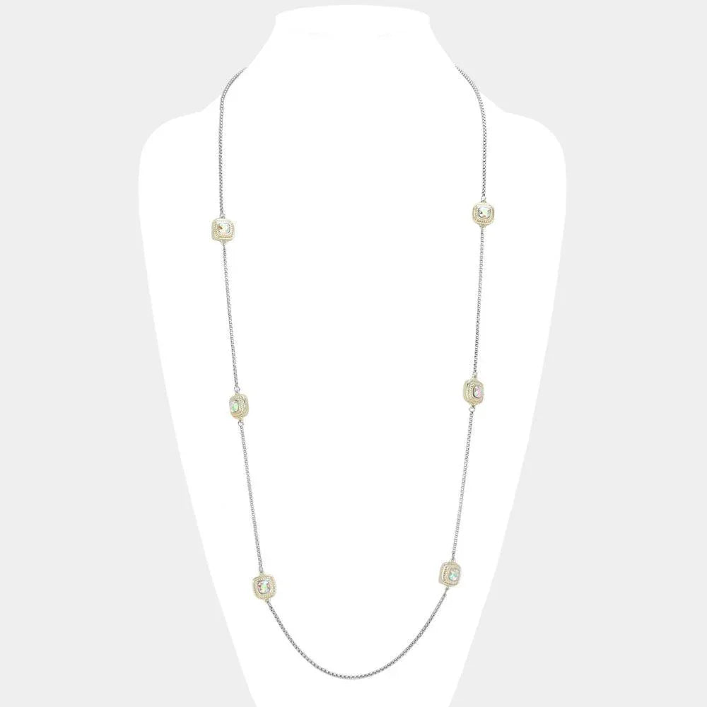 Gold 14K Gold Plated Two Tone Stone Paved Square Pendant Station Long Necklace - Jewelry Store by Erik Rayo