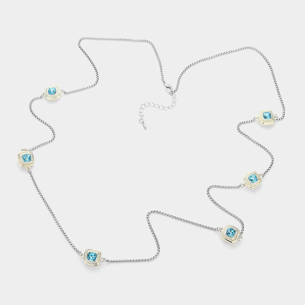 Gold 14K Gold Plated Two Tone Stone Paved Square Pendant Station Long Necklace - Jewelry Store by Erik Rayo