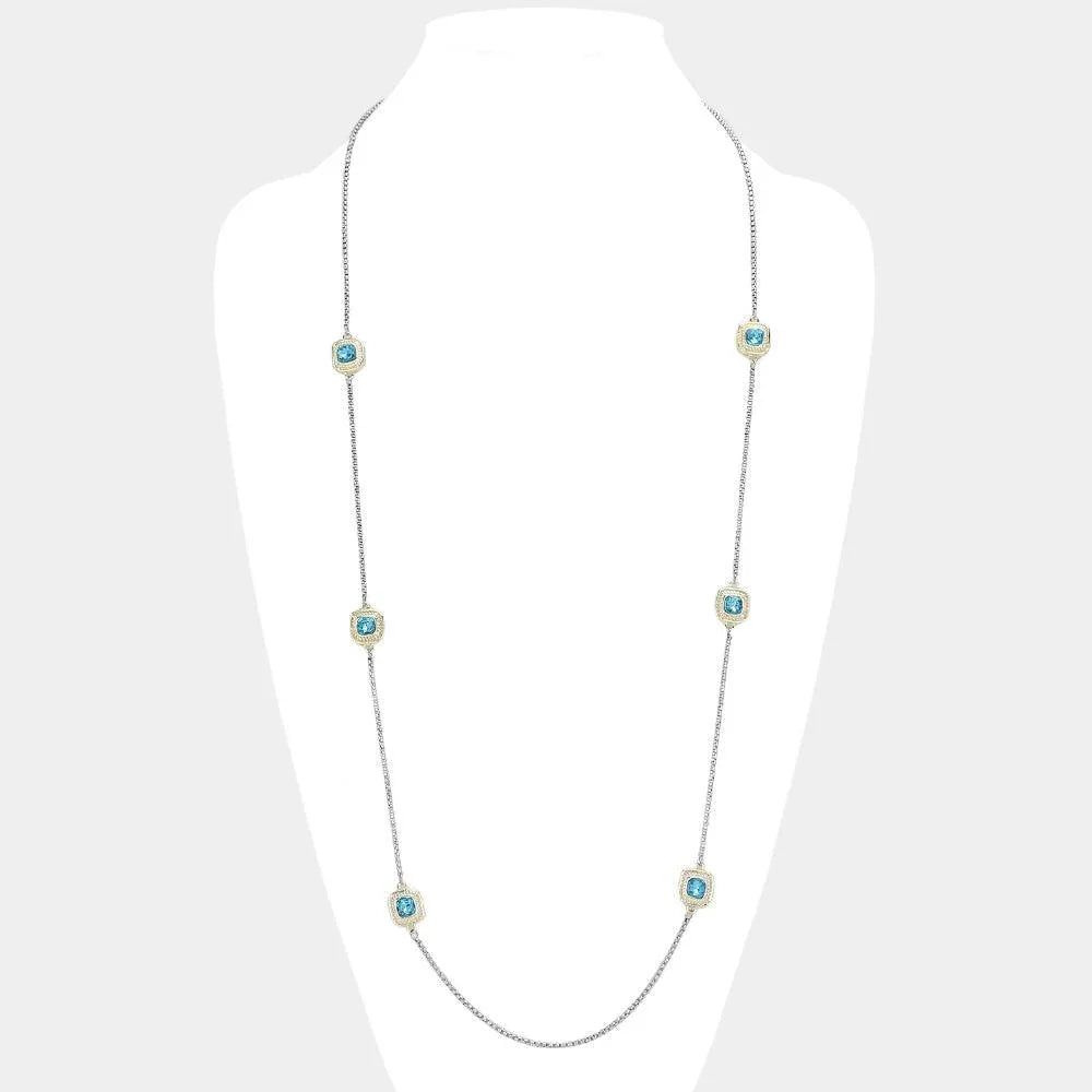 Gold 14K Gold Plated Two Tone Stone Paved Square Pendant Station Long Necklace - Jewelry Store by Erik Rayo