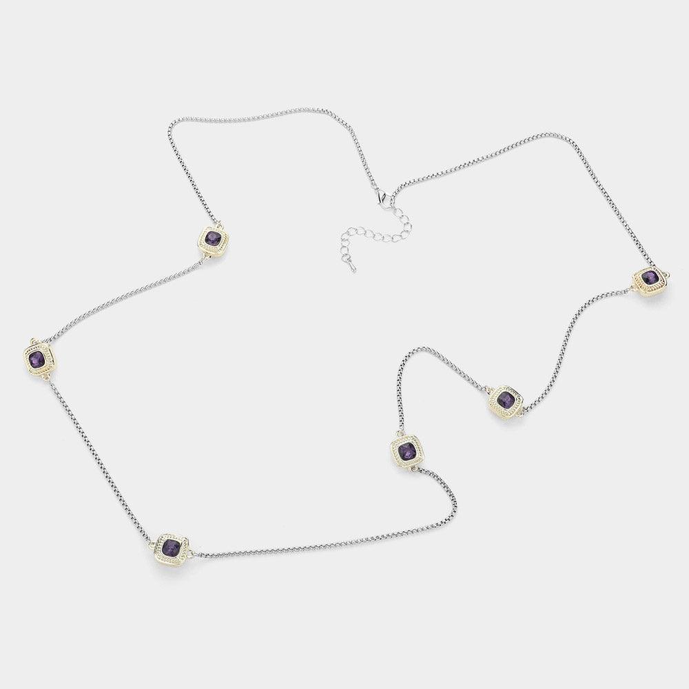 Amethyst 14K Gold Plated Two Tone Stone Paved Square Pendant Station Long Necklace - Jewelry Store by Erik Rayo
