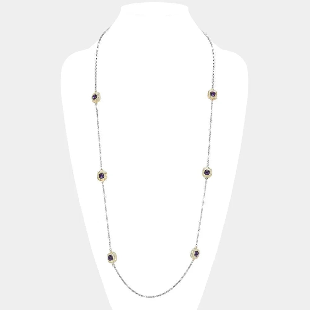 Amethyst 14K Gold Plated Two Tone Stone Paved Square Pendant Station Long Necklace - Jewelry Store by Erik Rayo