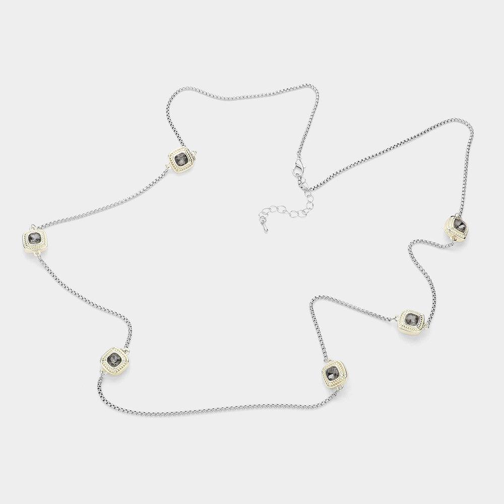 Black 14K Gold Plated Two Tone Stone Paved Square Pendant Station Long Necklace - Jewelry Store by Erik Rayo