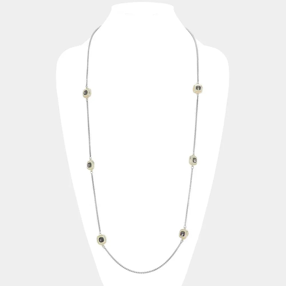 Black 14K Gold Plated Two Tone Stone Paved Square Pendant Station Long Necklace - Jewelry Store by Erik Rayo