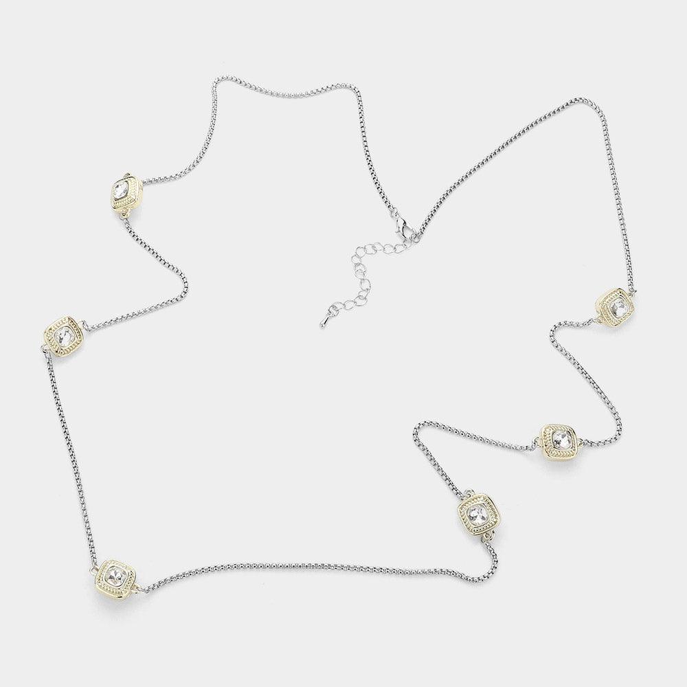 Clear 14K Gold Plated Two Tone Stone Paved Square Pendant Station Long Necklace - Jewelry Store by Erik Rayo
