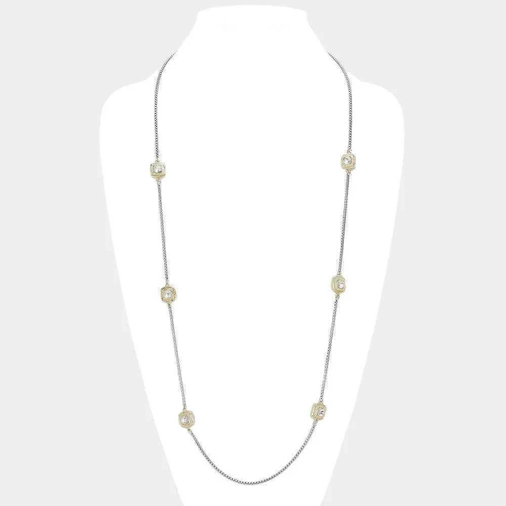 Clear 14K Gold Plated Two Tone Stone Paved Square Pendant Station Long Necklace - Jewelry Store by Erik Rayo
