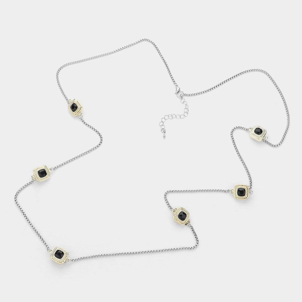 Black 14K Gold Plated Two Tone Stone Paved Square Pendant Station Long Necklace - Jewelry Store by Erik Rayo