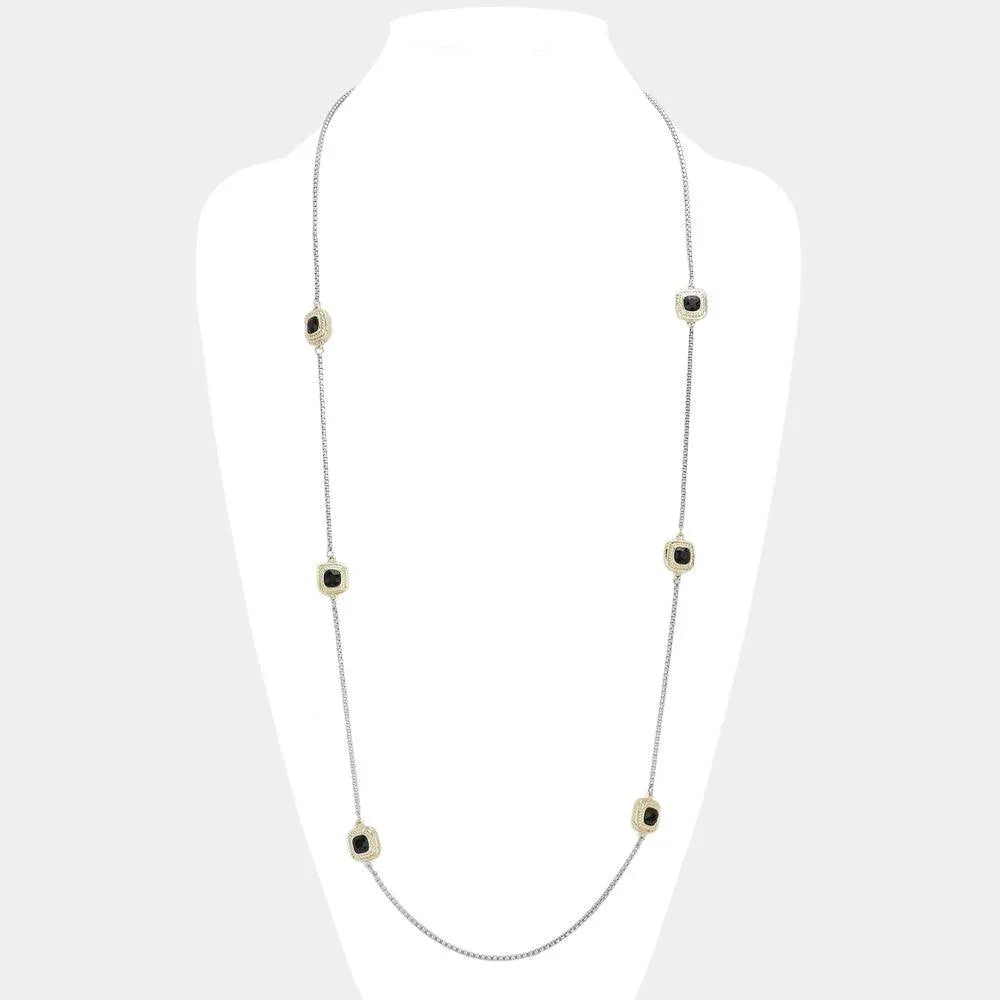 Black 14K Gold Plated Two Tone Stone Paved Square Pendant Station Long Necklace - Jewelry Store by Erik Rayo