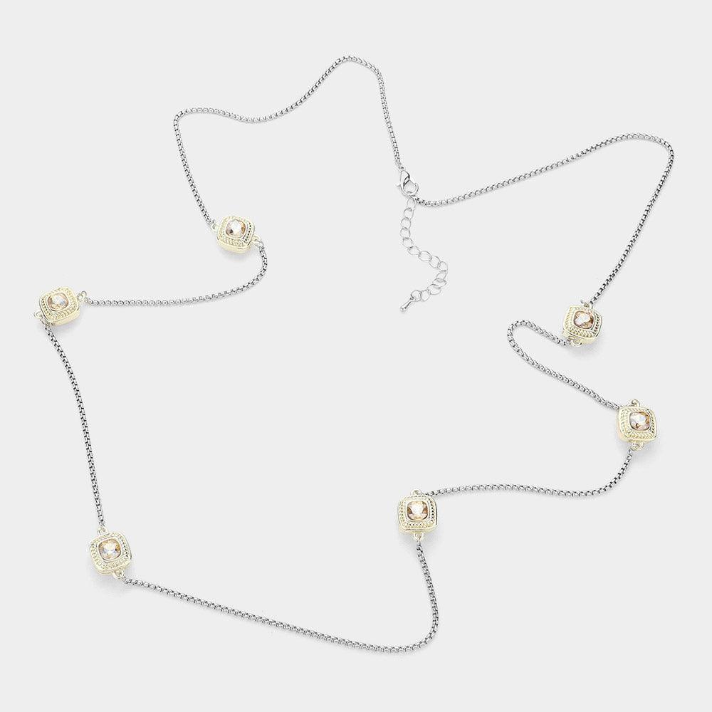 Gold 14K Gold Plated Two Tone Stone Paved Square Pendant Station Long Necklace - Jewelry Store by Erik Rayo