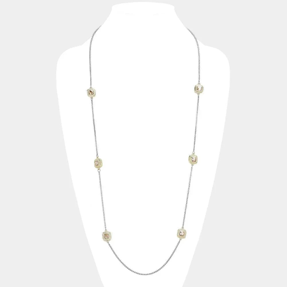 Gold 14K Gold Plated Two Tone Stone Paved Square Pendant Station Long Necklace - Jewelry Store by Erik Rayo