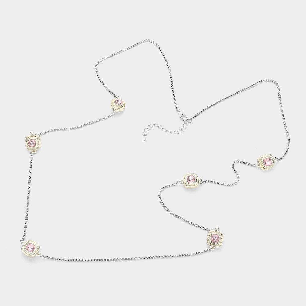 Pink 14K Gold Plated Two Tone Stone Paved Square Pendant Station Long Necklace - Jewelry Store by Erik Rayo