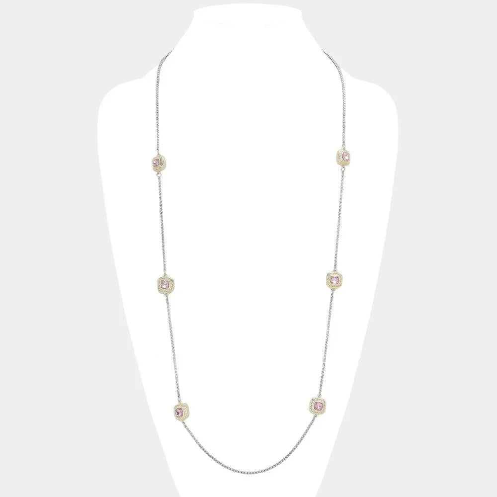 Pink 14K Gold Plated Two Tone Stone Paved Square Pendant Station Long Necklace - Jewelry Store by Erik Rayo