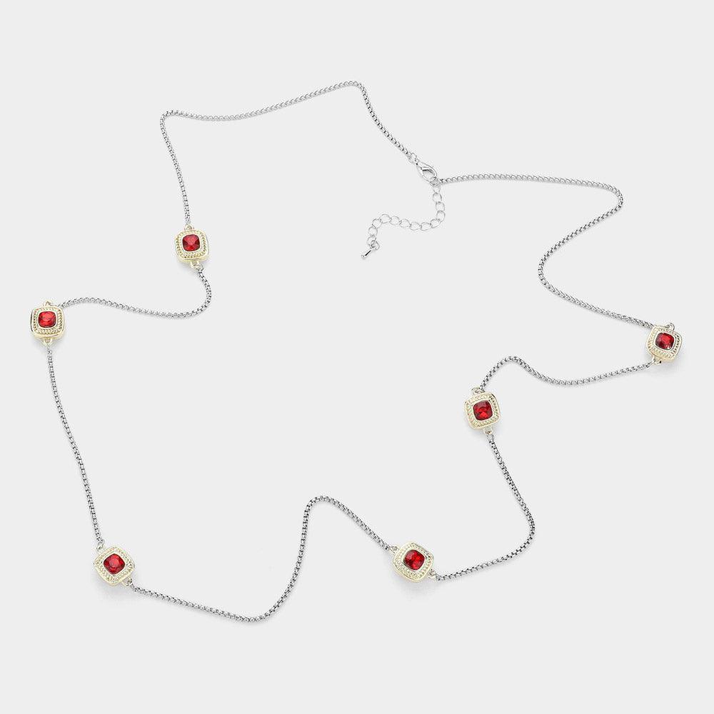 Red 14K Gold Plated Two Tone Stone Paved Square Pendant Station Long Necklace - Jewelry Store by Erik Rayo