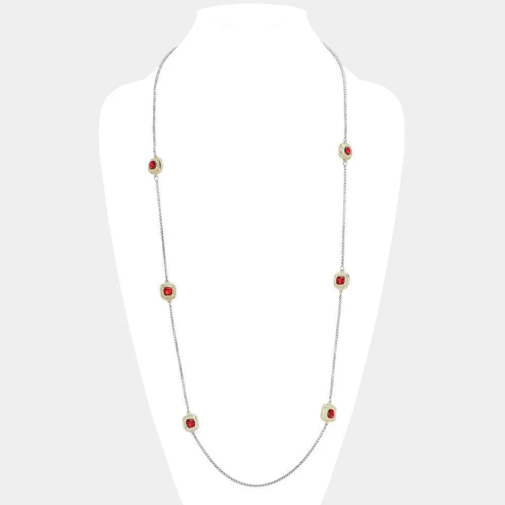 Red 14K Gold Plated Two Tone Stone Paved Square Pendant Station Long Necklace - Jewelry Store by Erik Rayo