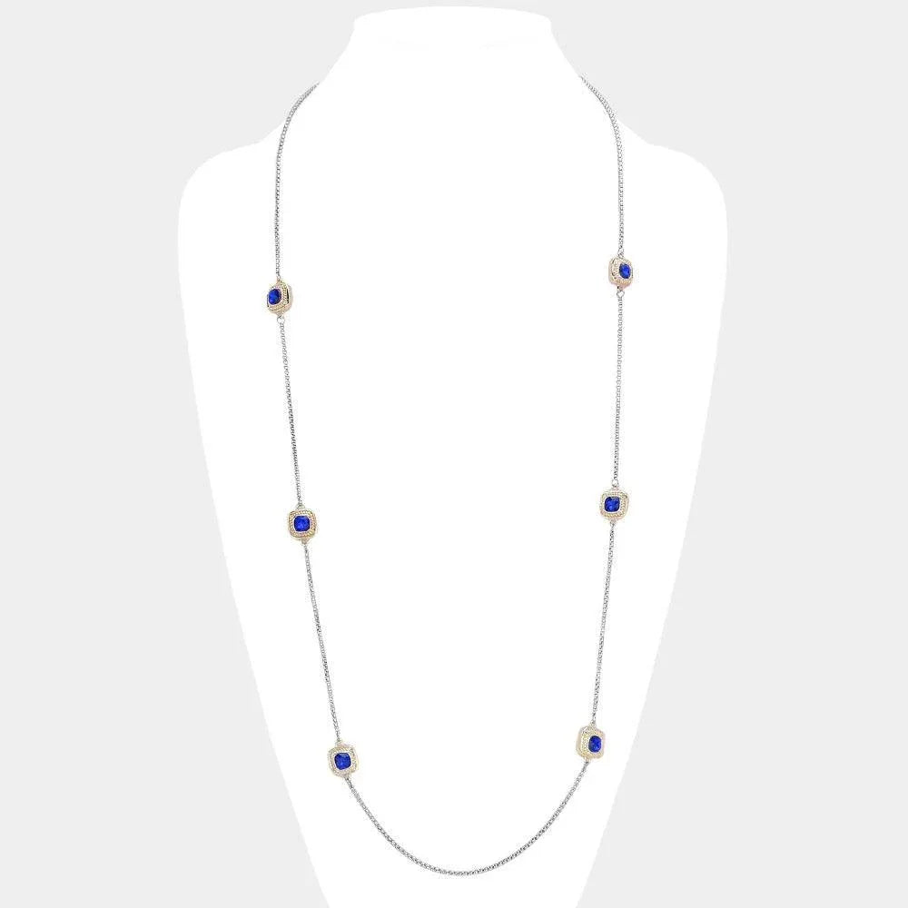 Gold 14K Gold Plated Two Tone Stone Paved Square Pendant Station Long Necklace - Jewelry Store by Erik Rayo