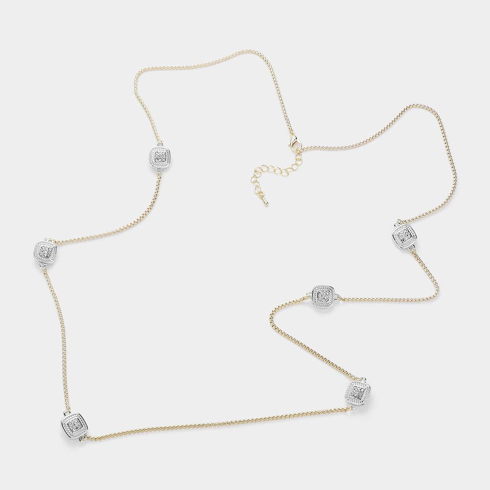 Silver 14K Gold Plated Two Tone Stone Paved Square Pendant Station Long Necklace - Jewelry Store by Erik Rayo
