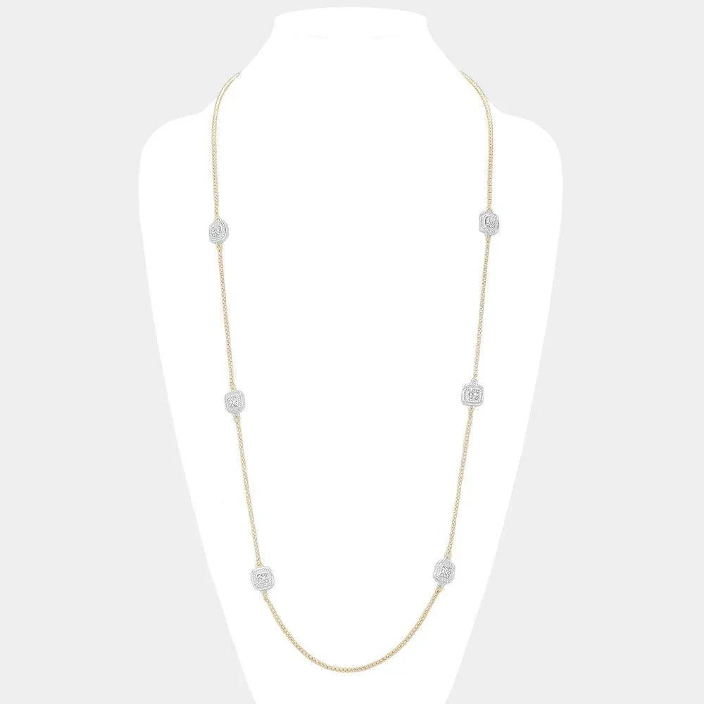 Silver 14K Gold Plated Two Tone Stone Paved Square Pendant Station Long Necklace - Jewelry Store by Erik Rayo