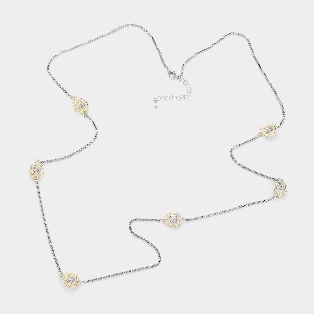 Gold 14K Gold Plated Two Tone Stone Paved Square Pendant Station Long Necklace - Jewelry Store by Erik Rayo