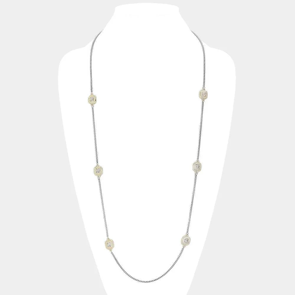 Gold 14K Gold Plated Two Tone Stone Paved Square Pendant Station Long Necklace - Jewelry Store by Erik Rayo