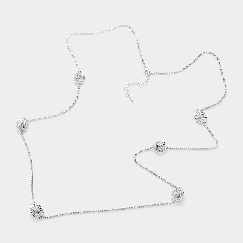 Silver 14K Gold Plated Two Tone Stone Paved Square Pendant Station Long Necklace - Jewelry Store by Erik Rayo