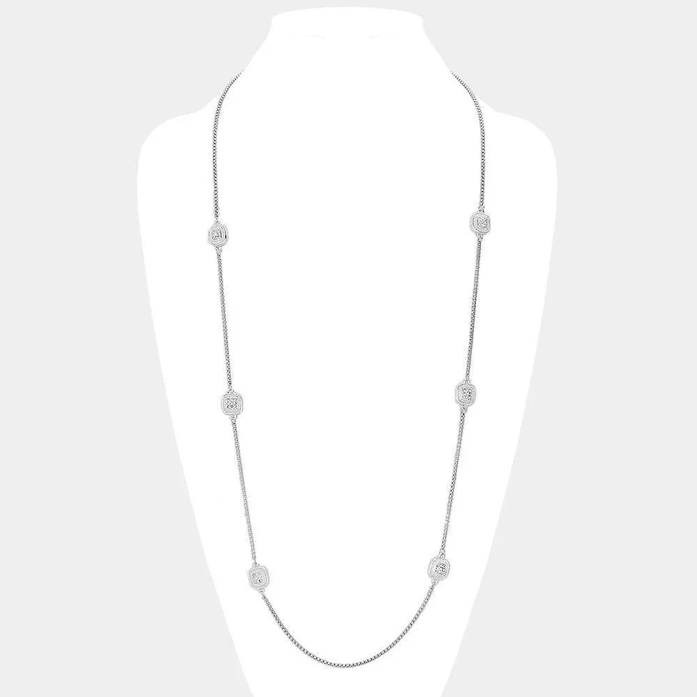 Silver 14K Gold Plated Two Tone Stone Paved Square Pendant Station Long Necklace - Jewelry Store by Erik Rayo