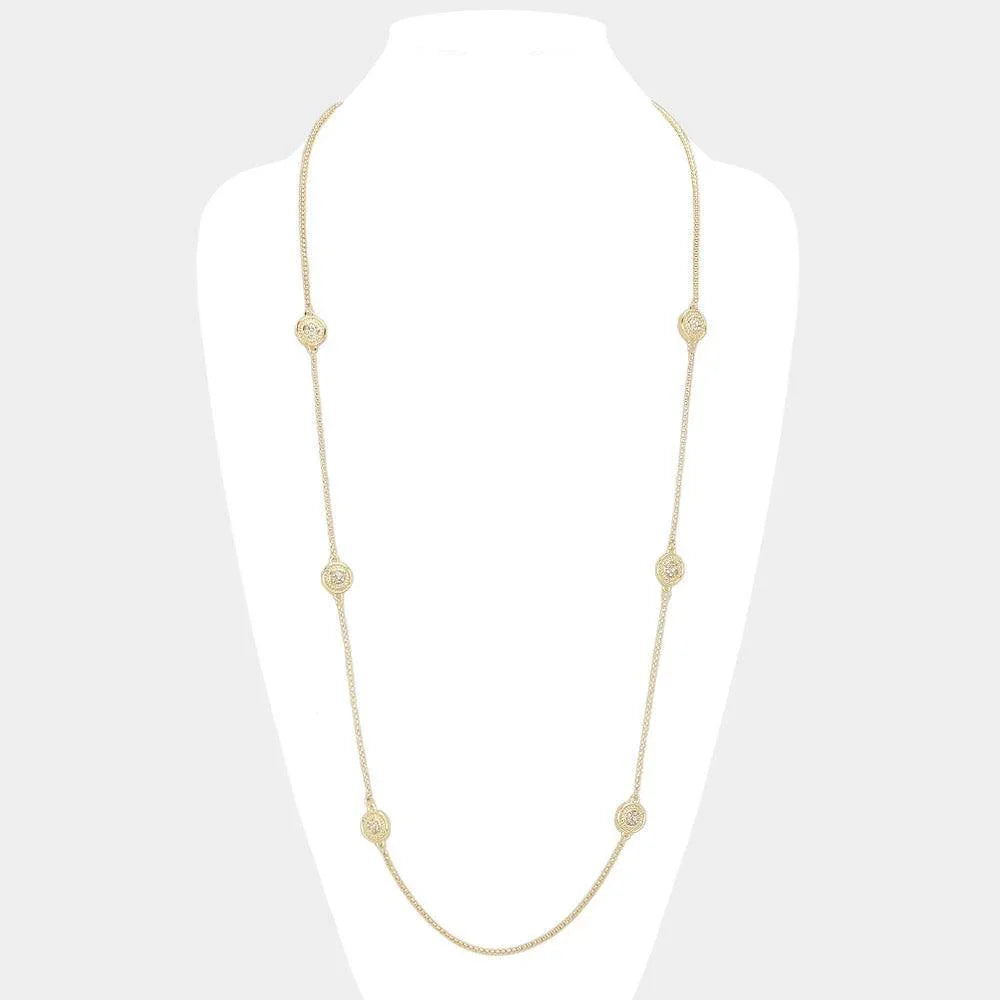 Gold 14K Gold Plated Two Tone Stone Paved Round Pendant Station Long Necklace - Jewelry Store by Erik Rayo