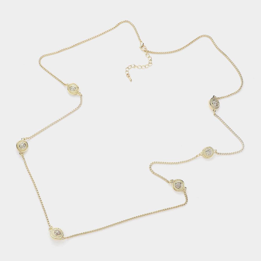 Gold 14K Gold Plated Two Tone Stone Paved Round Pendant Station Long Necklace - Jewelry Store by Erik Rayo