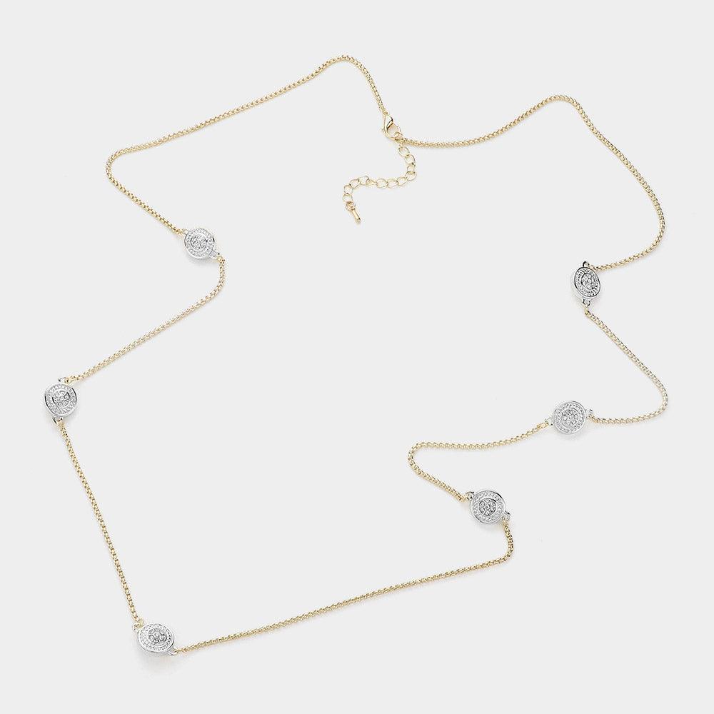 Silver 14K Gold Plated Two Tone Stone Paved Round Pendant Station Long Necklace - Jewelry Store by Erik Rayo