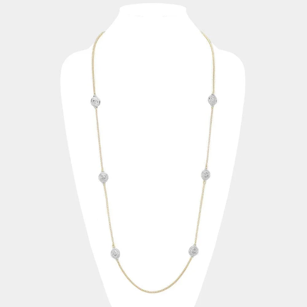 Silver 14K Gold Plated Two Tone Stone Paved Round Pendant Station Long Necklace - Jewelry Store by Erik Rayo