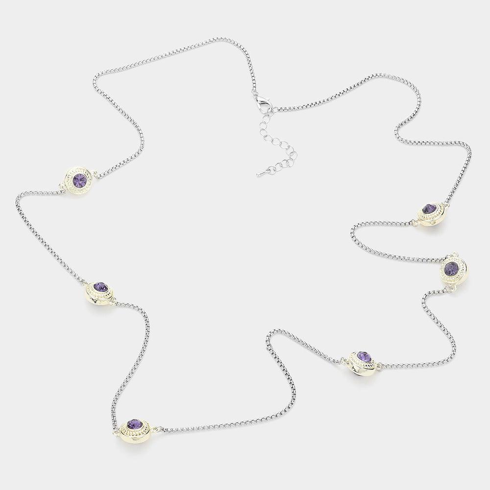 Amethyst 14K Gold Plated Two Tone Stone Paved Circle Pendant Station Long Necklace - Jewelry Store by Erik Rayo