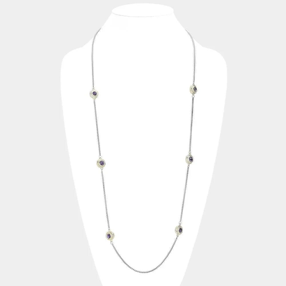 Amethyst 14K Gold Plated Two Tone Stone Paved Circle Pendant Station Long Necklace - Jewelry Store by Erik Rayo