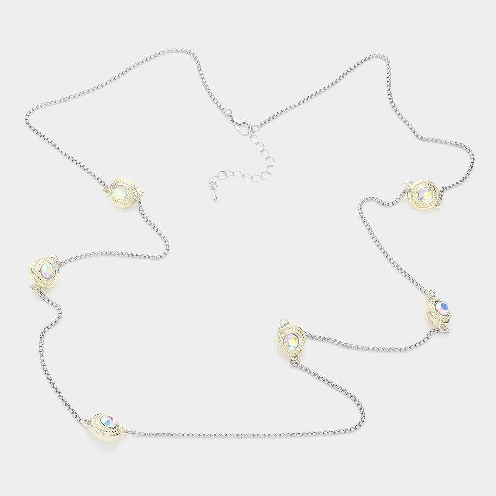 Gold 14K Gold Plated Two Tone Stone Paved Circle Pendant Station Long Necklace - Jewelry Store by Erik Rayo