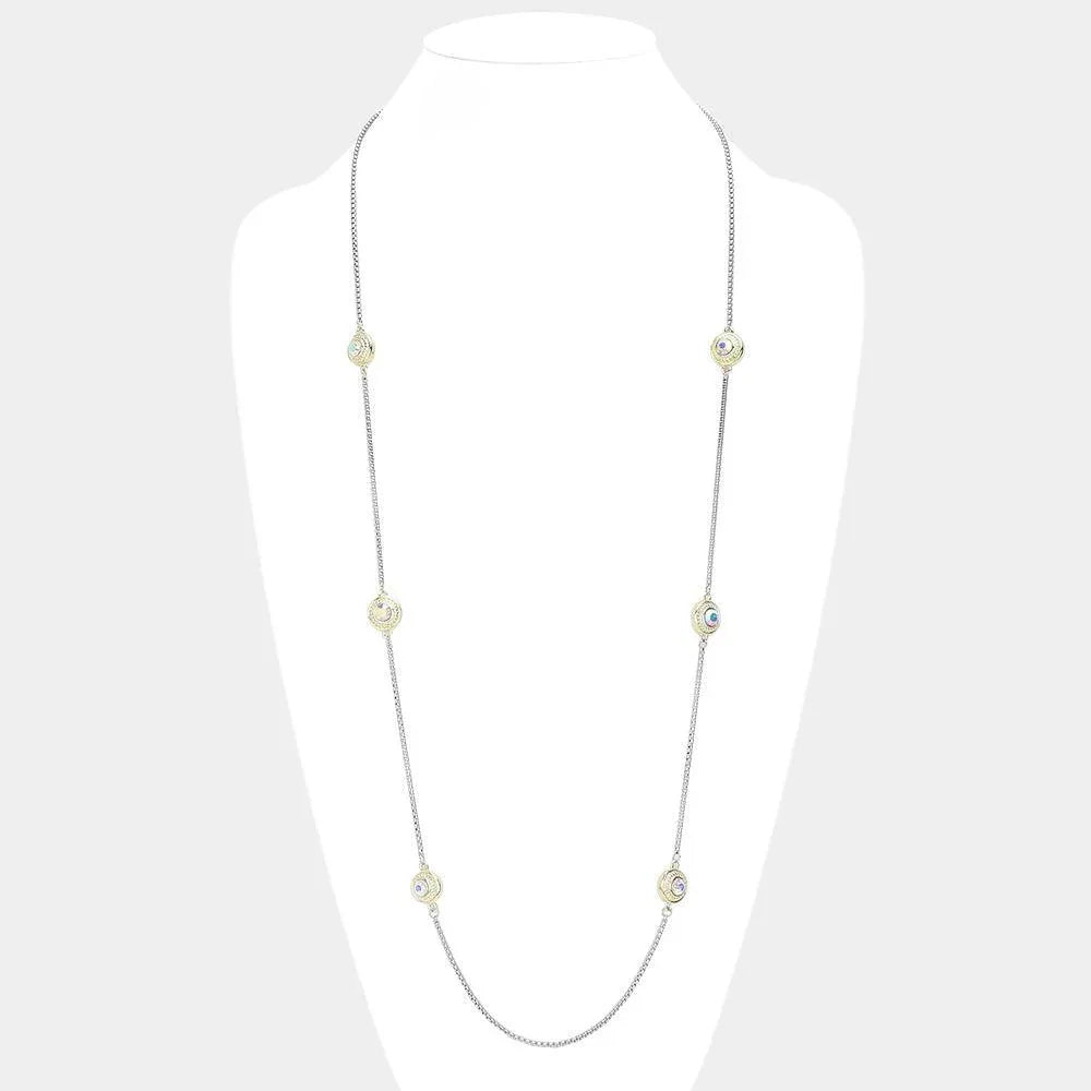 Gold 14K Gold Plated Two Tone Stone Paved Circle Pendant Station Long Necklace - Jewelry Store by Erik Rayo