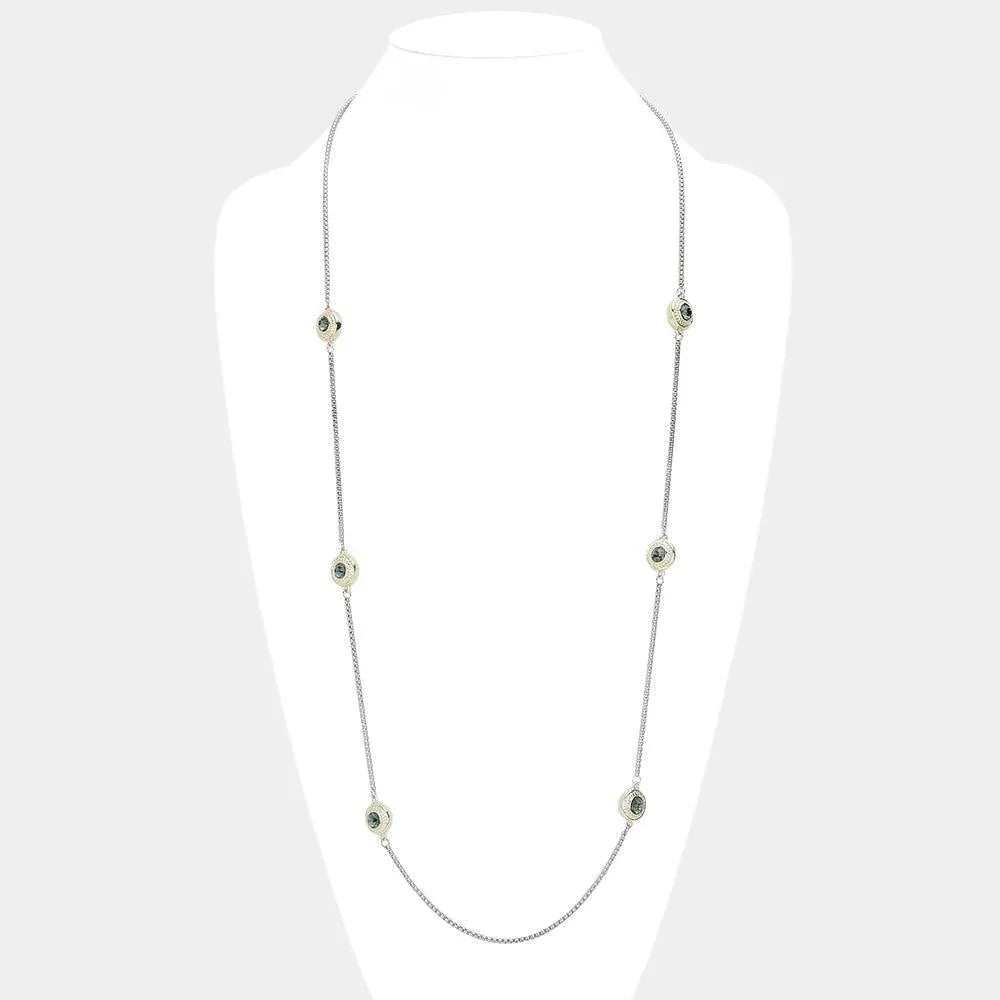 Black 14K Gold Plated Two Tone Stone Paved Circle Pendant Station Long Necklace - Jewelry Store by Erik Rayo