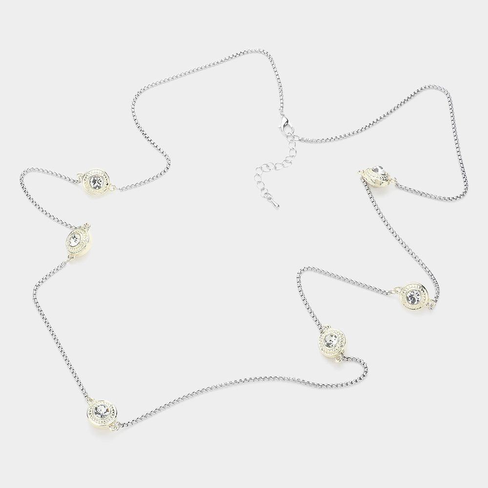 Clear 14K Gold Plated Two Tone Stone Paved Circle Pendant Station Long Necklace - Jewelry Store by Erik Rayo